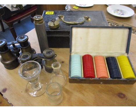 A Victorian deed box, a telescope, two pairs of field binoculars and vintage games counters, boxed and vintage glass items