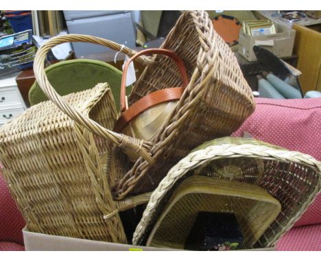 Mixed baskets to include a hamper, together with an oak firescreen and an oriental lacquered box