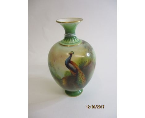 A Royal Worcester vase decorated with a peacock, signed Hoad, 5 high