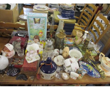 A Welsh miners lamp and others, a Coalport Country Cottage pastel burner, Worcester coffee cans with saucers, a Winnie The Po