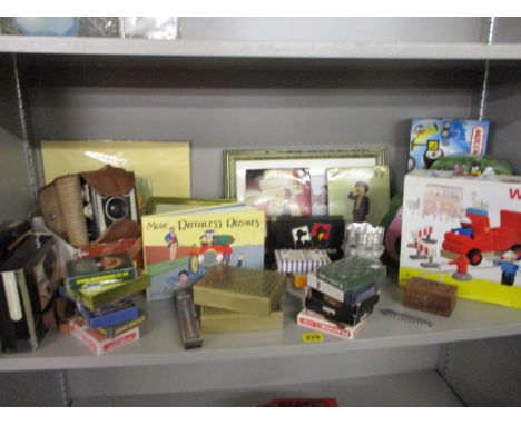 Nostalgic postcards, playing cards, a Box Brownie, mixed pictures to include prints, games, reproduction metallic advertising