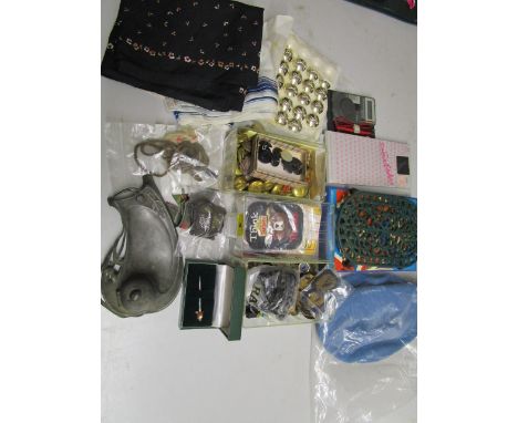 A mixed lot to include a selection of military badges, cloth badges and other buttons and badges, silk scarves, Art Nouveau p
