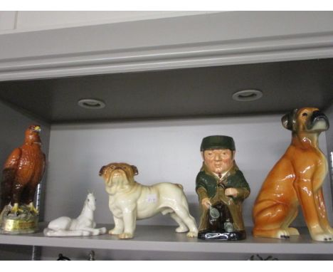 A Kingston pottery dog, a Royal Doulton Sherlock Homes character jug D661, a Melba ware bulldog, a Russian palomino foal, sea