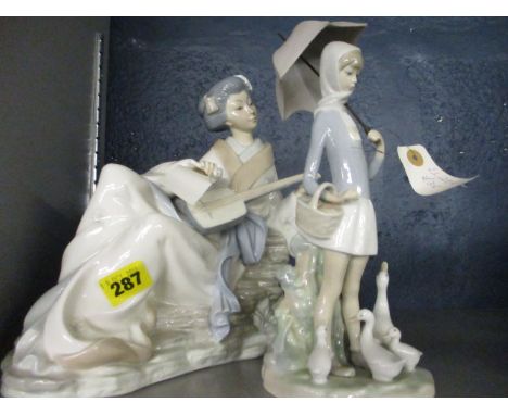 A large Lladro figure of a Japanese man playing a musical instrument, and another