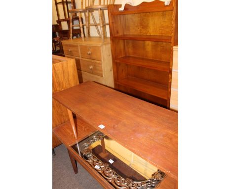 Four tier open bookcase and two vintage teak coffee tables (3).
