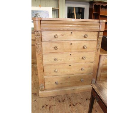 Waxed pine scotch chest of six long drawers on plinth base, 143cm by 119cm by 55cm.