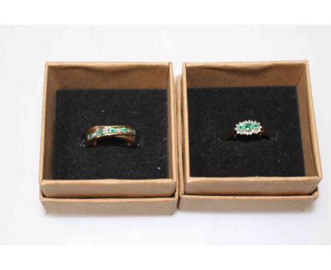 Two emerald and diamond 9 carat gold rings, sizes K and N/O.