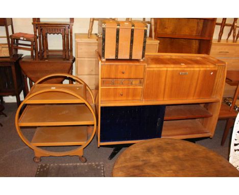 Glendale vintage walnut cocktail sideboard, Deco style three tier trolley, oak and brass bound coal box and two wall mirrors 