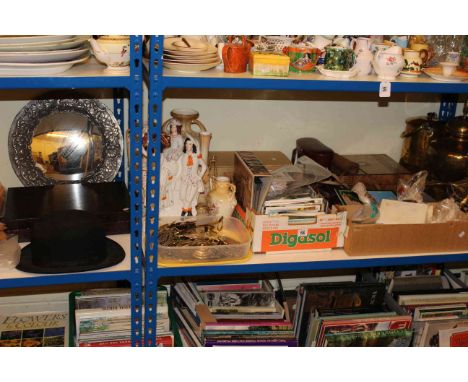 Canteen of cutlery, bowler hat, pewter framed mirror, horse brass and other brass, two Staffordshire groups, postcards, inlai