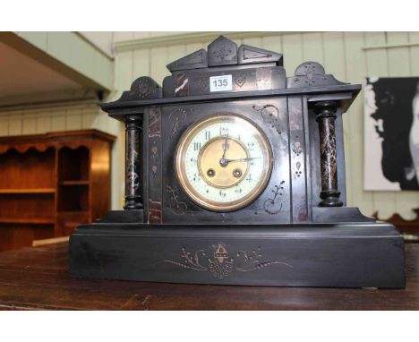 Victorian slate and marble mantel clock with gilt metal and enamel dial.