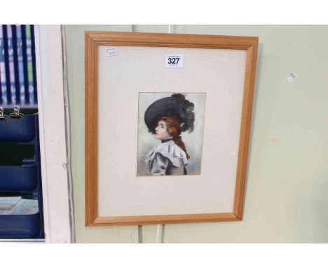 Lady in a Feathered Hat, unsigned oil on board, 15cm by 11.5cm, in glazed frame.