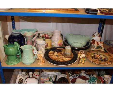 Sylvac, Bretby and other vases and jugs, Bretby, Beswick and pottery plaques, Poole pottery lamp and preserve etc.