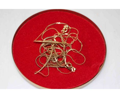 Three 9 carat gold fine chain necklaces.