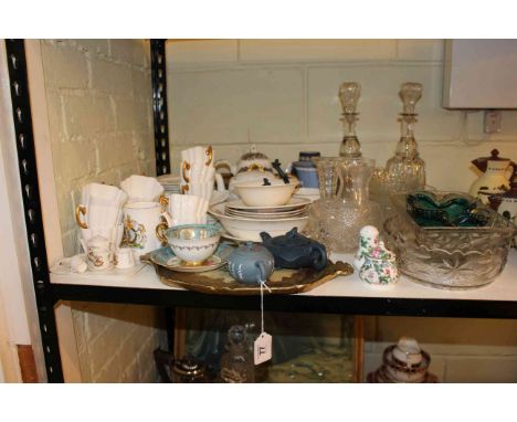 Pair of decanters and stoppers, assorted glassware, Foley china Wileman teaware, Wedgwood Blue Jasper vases, small Oriental t