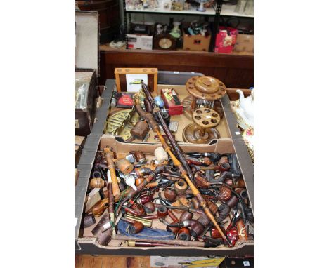 Smokers interest. Two boxes of vintage wares including pipes, racks, lighters, etc.
