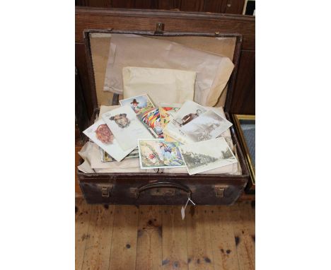 Suitcase of vintage and modern postcards including Maud West Watson, novelty pull-outs, military, Rene Coke, Tom Browne, Quin