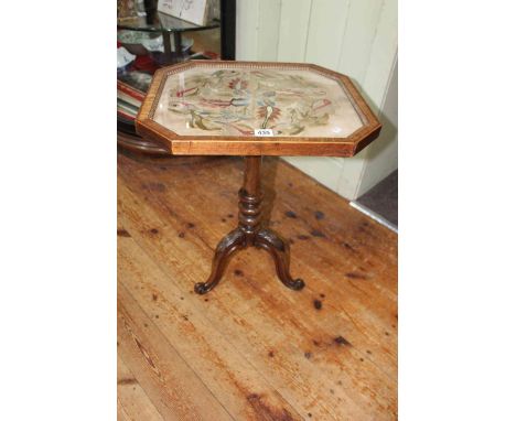 Victorian mahogany glazed and needlework panel top tripod occasional table, 56cm by 38cm by 44cm.