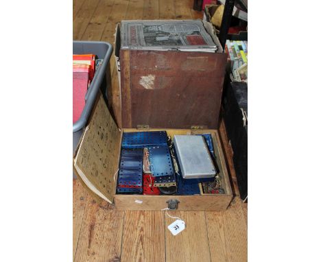 Box of vintage Meccano and box of Connoiseur magazines.