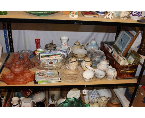 Victorian copper and brass planter, eggshell teaware, glass trinket ware, two glass bowls, tea cards, prints etc.