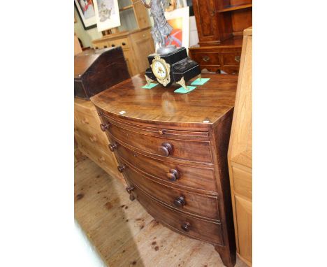19th Century mahogany bow front chest having brush slide above three long drawers on splayed bracket feet, 89.5cm by 93cm by 