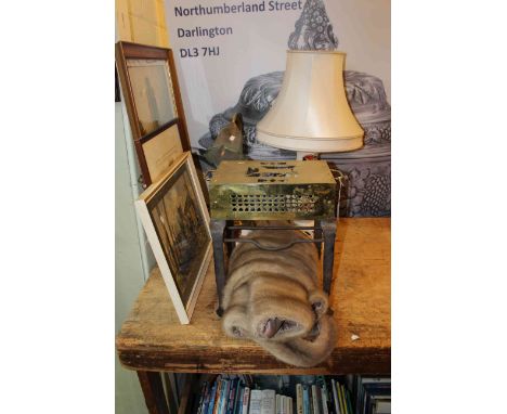 19th Century brass and steel footman, brass desk lamp with etched shade, Mason's lamp, three pictures and fur shoulder shawl.