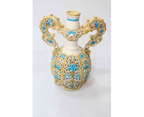 Zsolnay reticulated two handle vase, 26cm high.