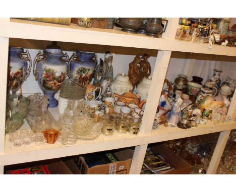 Large collection of china and glass including vase garniture, figures, teawares, trinket ware, compacts, bowls etc.