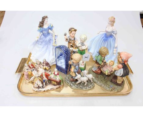 Royal Doulton, Royal Worcester and Hummel figures, and Delft wicker style chair (9).