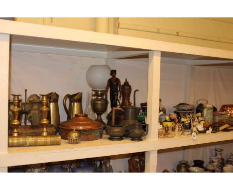 Collection of vintage copper and brass including oil lamp, coach lamp, stoneware hot water bottle, postcards, spelter figure 