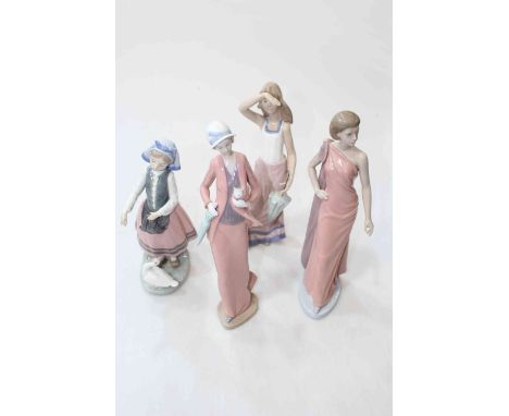 Lladro Goose Girl and three Nao figurines (4).