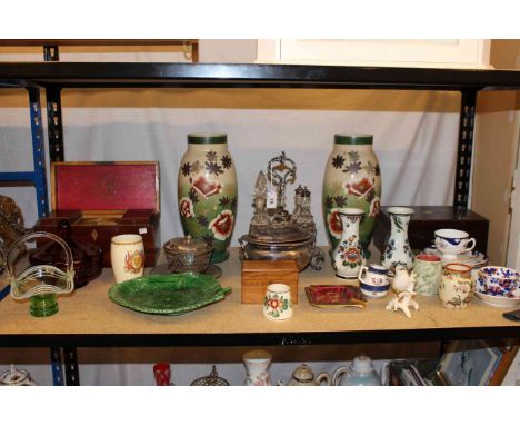 19th Century mahogany tea caddy and mother of pearl inlaid box, pair of Victorian glass vases, six bottle silver plated cruet