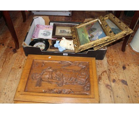 Oak panels, paintings, Sunderland lustre plaque, Stevengraph woven silk, slides, dog wall plaque etc.
