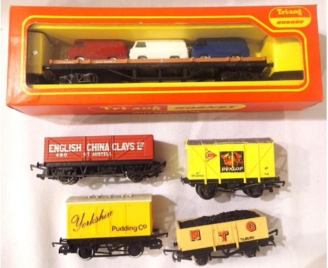 Triang Hornby R503, Bogie Bolster with three ford vans in very near mint condition, boxed, plus four unboxed wagons. P&amp;P 