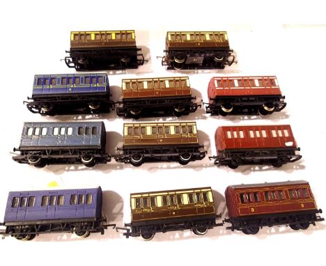 Eleven Hornby four wheel type coaches, various liveries, mostly in good condition, mostly in condition, some require coupling
