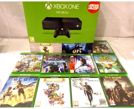 Nine Microsoft Xbox One games and a Microsoft Xbox One 500GB console, boxed with power supply and one controller. P&amp;P Gro