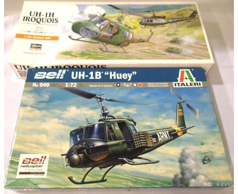 Two 1/72 scale helicopter kits, Italeri - Bell Huey and Hasegawa - UH -1H Iroquois, contents unchecked. P&amp;P Group 1 (£14+