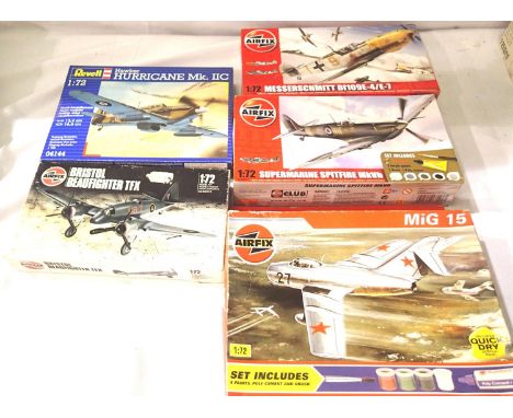 Five 1/72 scale plastic kits aircraft; Hurricane, MIG, Spitfire, ME 109, Beaufighter, contents unchecked. P&amp;P Group 1 (£1