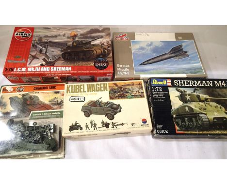 Five military related 1/72 scale kits, Sherman, Kubelwagen, Churchill, LCM and German missile A4/V-2, contents unchecked. P&a