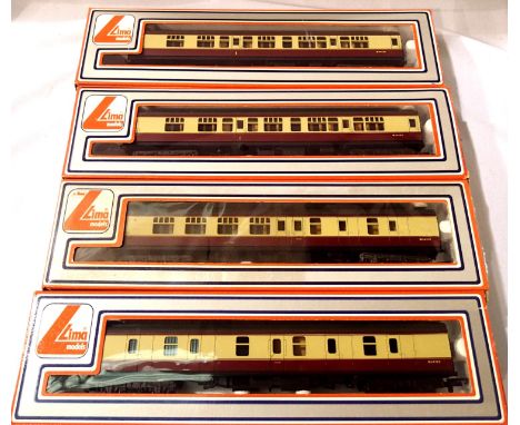 Four Lima BR MK1 coaches, Blood/Custard (two composite, one brake end, one full brake), mostly in very good to excellent cond
