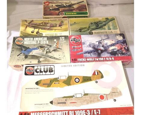 Six WWII Airfix aircraft kits, 1/48 scale ME109E and 1/72 scale FW190, Mustang, Beaufighter, Spitfire, Whirlwind, wear to box