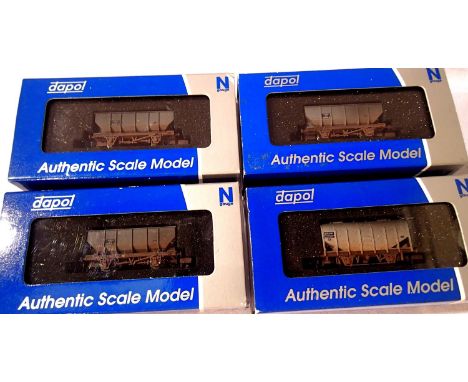 Three Dapol 21T Hoppers plus bulk grain hopper, all weathered BR Grey, in excellent condition, boxed. P&amp;P Group 1 (£14+VA