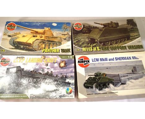 Four Airfix 1/72 scale military kits, LCM, Landing Craft, M113, Panther, contents unchecked. P&amp;P Group 1 (£14+VAT for the