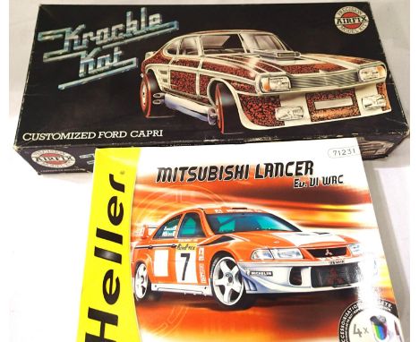 Two car plastic kits; Airfix 1/32 scale Ford Capri and Heller 1/43 scale Mitsubishi Lancer, contents unchecked. P&amp;P Group