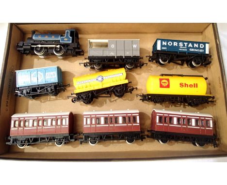 Hornby Caledonian Railway 0.4.0. Tank, three matching coaches and four wagons, mostly in good condition, unboxed, requires so