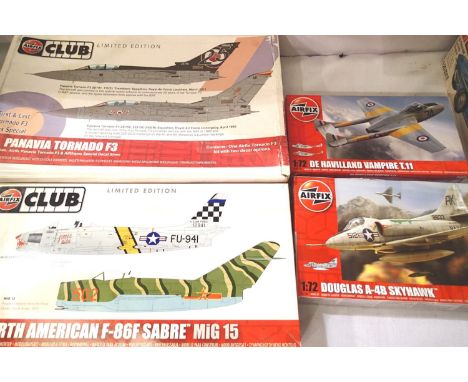 Four Airfix 1/72 scale jet aircraft plastic kits, Vampire, Skyhawk, Sabre, Tornado, contents unchecked. P&amp;P Group 1 (£14+