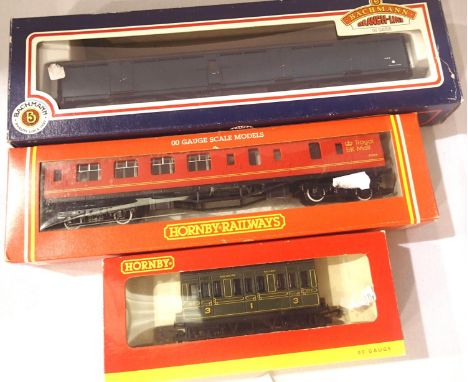 Three OO coaches; Bachmann 36-652 Thompson Blue Full Brake, Hornby-R 592 Mail Ancillary coach and R4133 Olive Green four whee