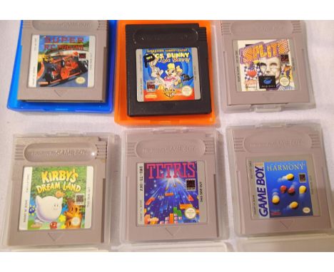 Nintendo Game Boy cartridges; Super RC Pro-Am, Bugs Bunny: Operation Carrot Patch, Tetris, Kirbys Dream Land, The Game Of Har