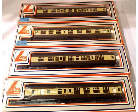 Four Lima BR Black MK1 Choc/Cream coaches, (three composite, one brake end), mostly in very good to excellent condition, boxe