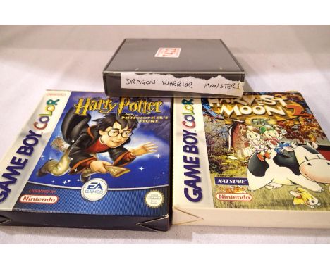 Nintendo Game Boy Colour game cartridges ; Harry Potter and the Philosophers Stone, Harvest Moon 2 (both boxed with papers) a