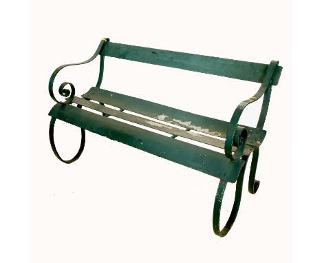 A painted garden bench, together with a wrought iron garden table 